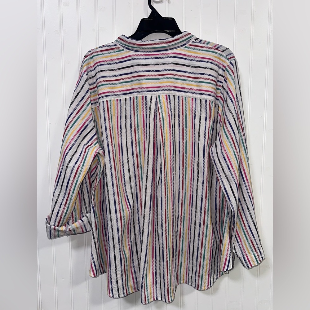 Ali Miles 1X Cotton Textured Rainbow Stripes Button Down Tunic Roll Tab Sleeve - Picture 4 of 15
